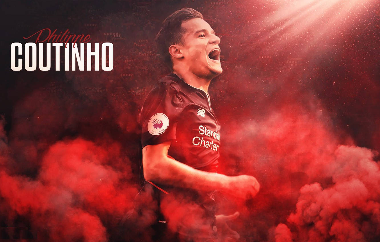 Coutinho 桌布 壁紙 — 菲利普·庫蒂尼奧身穿紅色利物浦球衣，在旋轉的紅色煙霧和球場燈光中勝利慶祝。