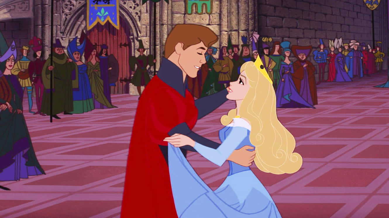 sleeping beauty 桌布 壁紙 — 菲力王子與奧蘿拉公主在擠滿朝臣的宏偉城堡大廳中溫柔共舞。