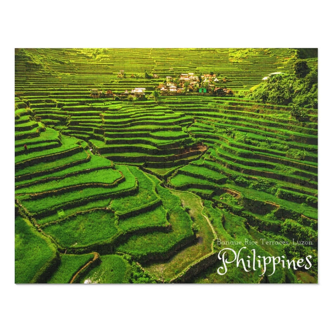 山景 桌布 壁紙 — 菲律賓充滿活力的綠色水稻梯田的鳥瞰圖，蜿蜒穿過山坡，其中點綴著一個小村莊。
