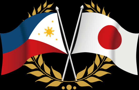 日本 桌布 壁紙 — 菲律賓和日本國旗在黑色背景上交叉，並以金色月桂花環框住。