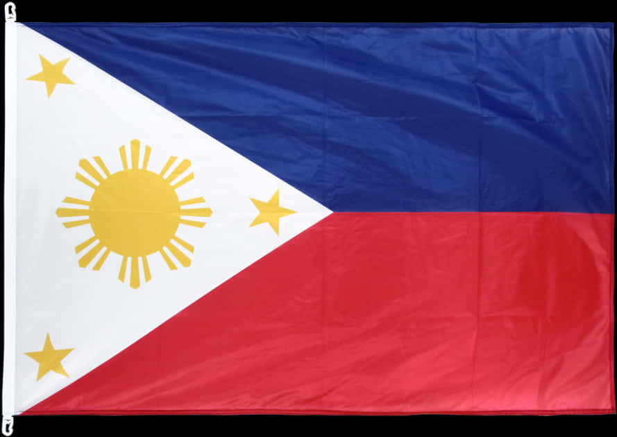Flag Of The Philippines 桌布 壁紙 — 菲律賓國旗，藍色區域、白色三角形、金色太陽和三顆星星，在黑色背景上飄揚。