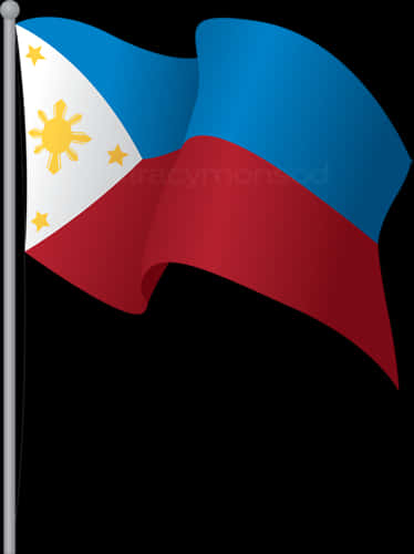 Flag Of The Philippines 桌布 壁紙 — 菲律賓國旗在純黑背景上動態飄揚，其藍、紅、白部分以及金色的太陽和星星細節清晰生動。