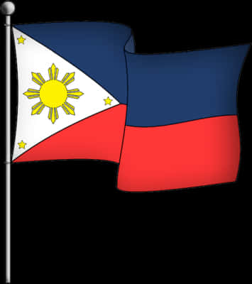 Flag Of The Philippines 桌布 壁紙 — 菲律賓國旗在純黑色背景上動態飄揚，其藍、紅、白部分以及金色的太陽和星星細節生動。