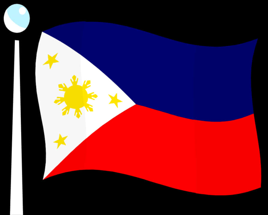 Flag Of The Philippines 桌布 壁紙 — 菲律賓國旗在純黑色背景上動態飄揚，配有白色旗桿和上方淺藍色地球儀。