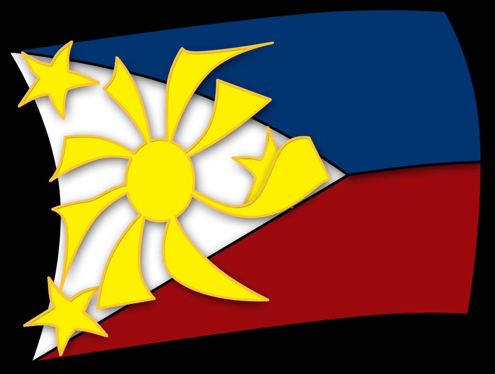 Flag Of The Philippines 桌布 壁紙 — 菲律賓國旗在黑色背景上動態飄揚，帶有鮮明的藍色、紅色和白色部分，以及金色的太陽和星星。