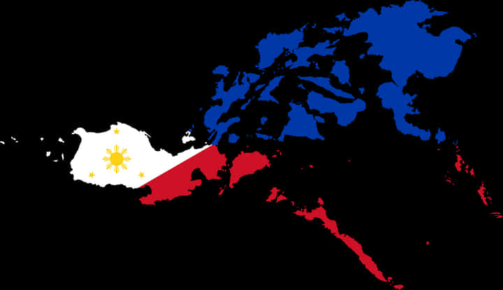 Flag Of The Philippines 桌布 壁紙 — 菲律賓國旗疊加在世界地圖輪廓上，帶有藍色和紅色點綴，背景為黑色。