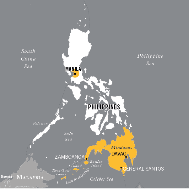 Philippines Map 桌布 壁紙 — 菲律賓的深色地圖，白色陸地，並以黃色突出顯示馬尼拉和達沃等主要城市。