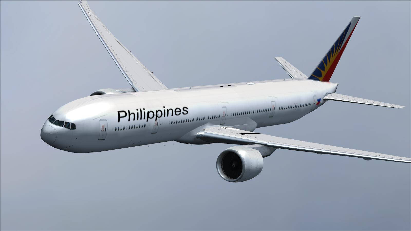 飛機 桌布 壁紙 — 菲律賓航空的白色波音777在灰濛濛的天空中翱翔，帶有獨特的太陽光線尾翼。