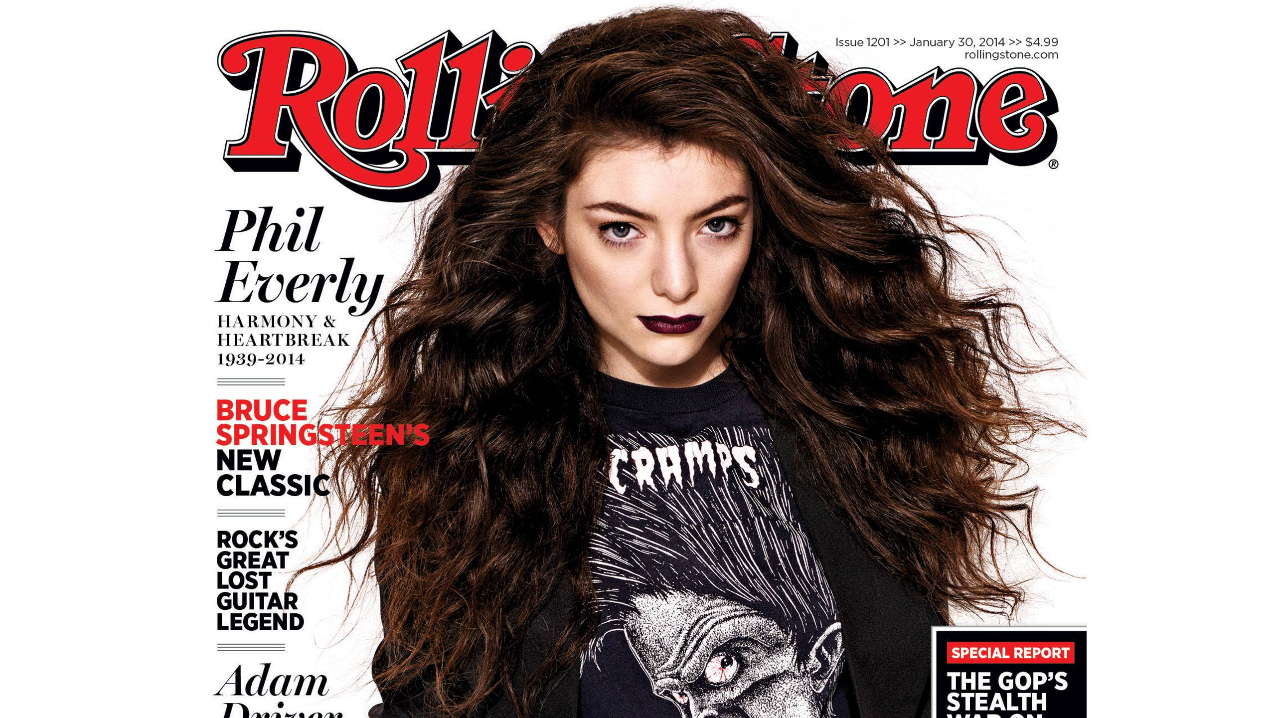 Lorde 桌布 壁紙 — 菲爾·埃弗利在《滾石》雜誌封面上的醒目肖像，帶有粗體紅色字體和深色唇膏。