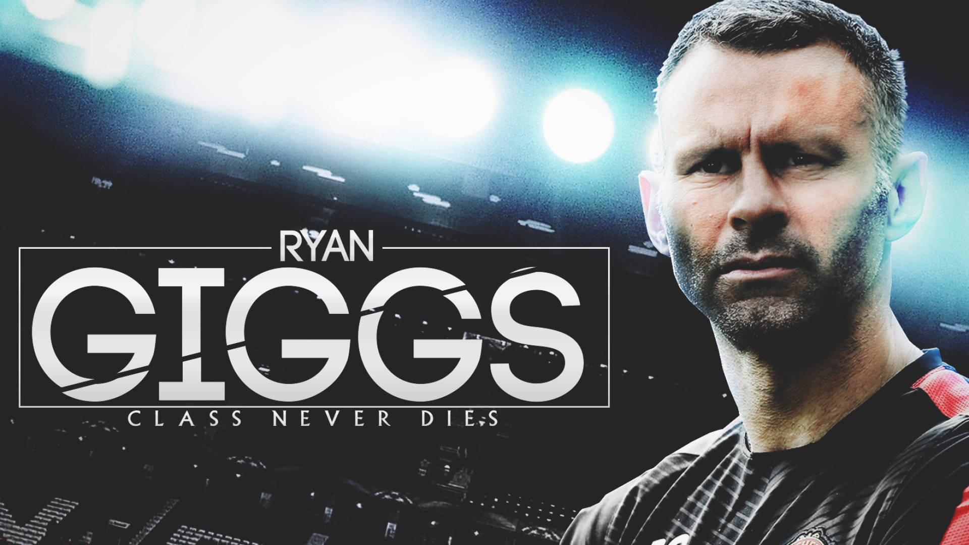 Ryan Giggs 桌布 壁紙 — 萊恩·吉格斯在明亮的泛光燈下的球場上專注地凝視，粗體文字宣告「Class Never Dies」。