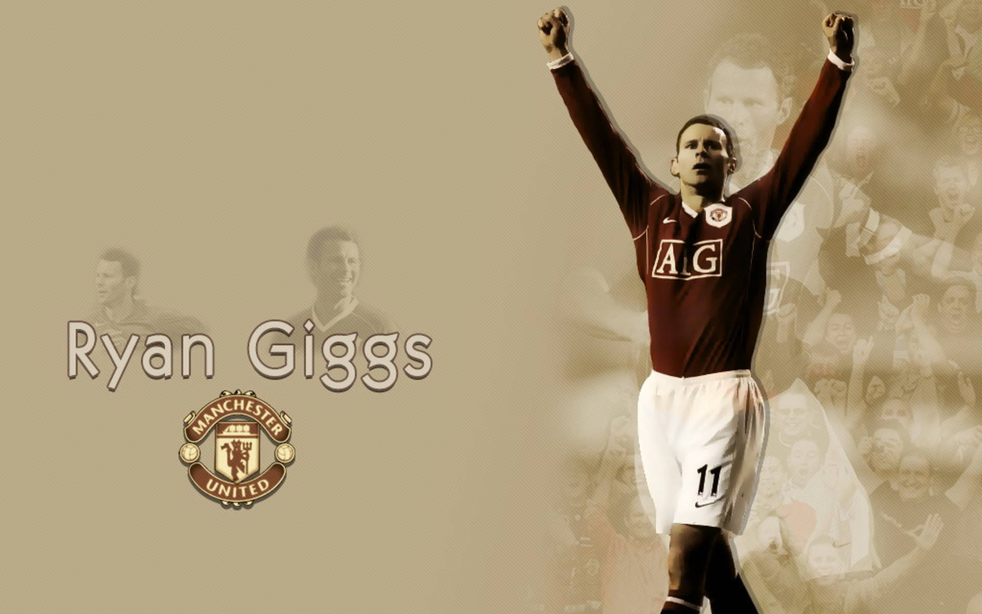Ryan Giggs 桌布 壁紙 — 萊恩·吉格斯穿上曼聯球衣，在球迷和隊友的懷舊色調背景下高舉雙臂慶祝勝利。