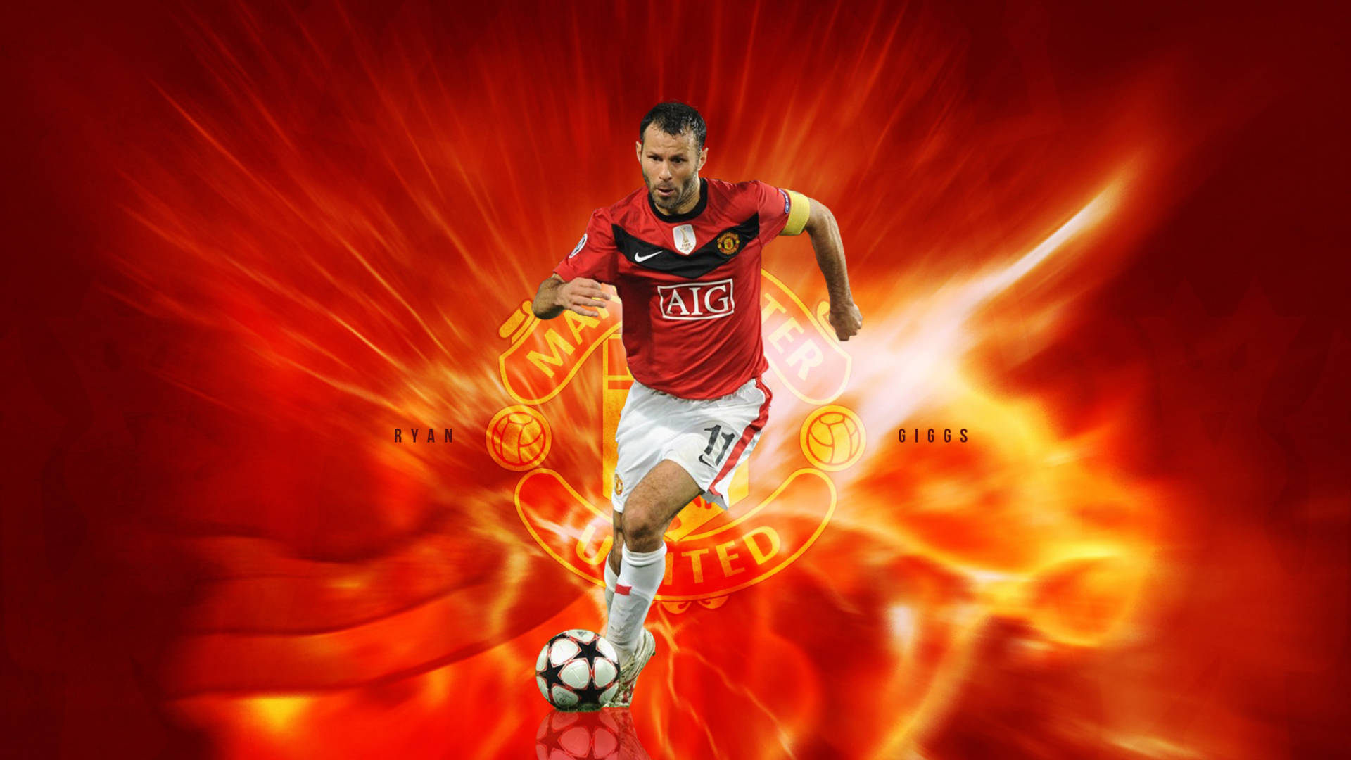 Ryan Giggs 桌布 壁紙 — 萊恩·吉格斯穿著紅色曼聯球衣，在火紅和橙色光芒背景下盤帶足球。