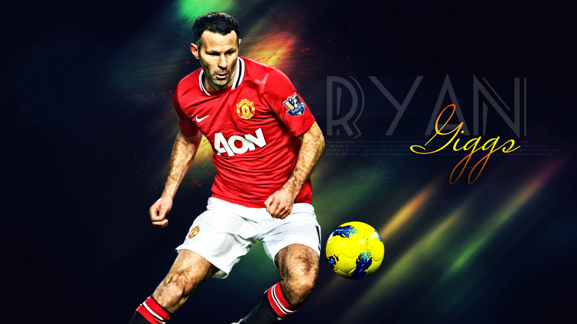Ryan Giggs 桌布 壁紙 — 萊恩·吉格斯穿著紅色曼聯球衣，在黑暗抽象背景中帶有發光光線條紋下盤帶黃色足球。