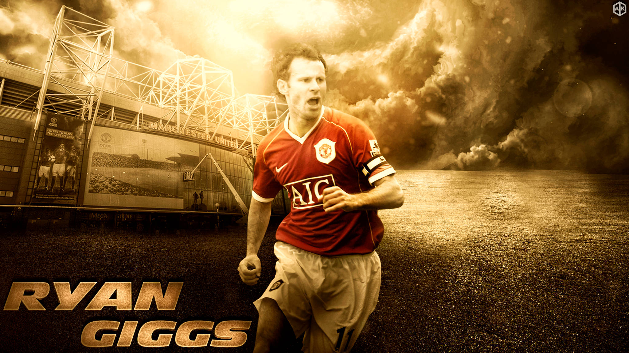 Ryan Giggs 桌布 壁紙 — 萊恩·吉格斯穿著紅色曼聯球衣，在戲劇性的雲層下，以懷舊的棕褐色調球場為背景，動態奔跑。
