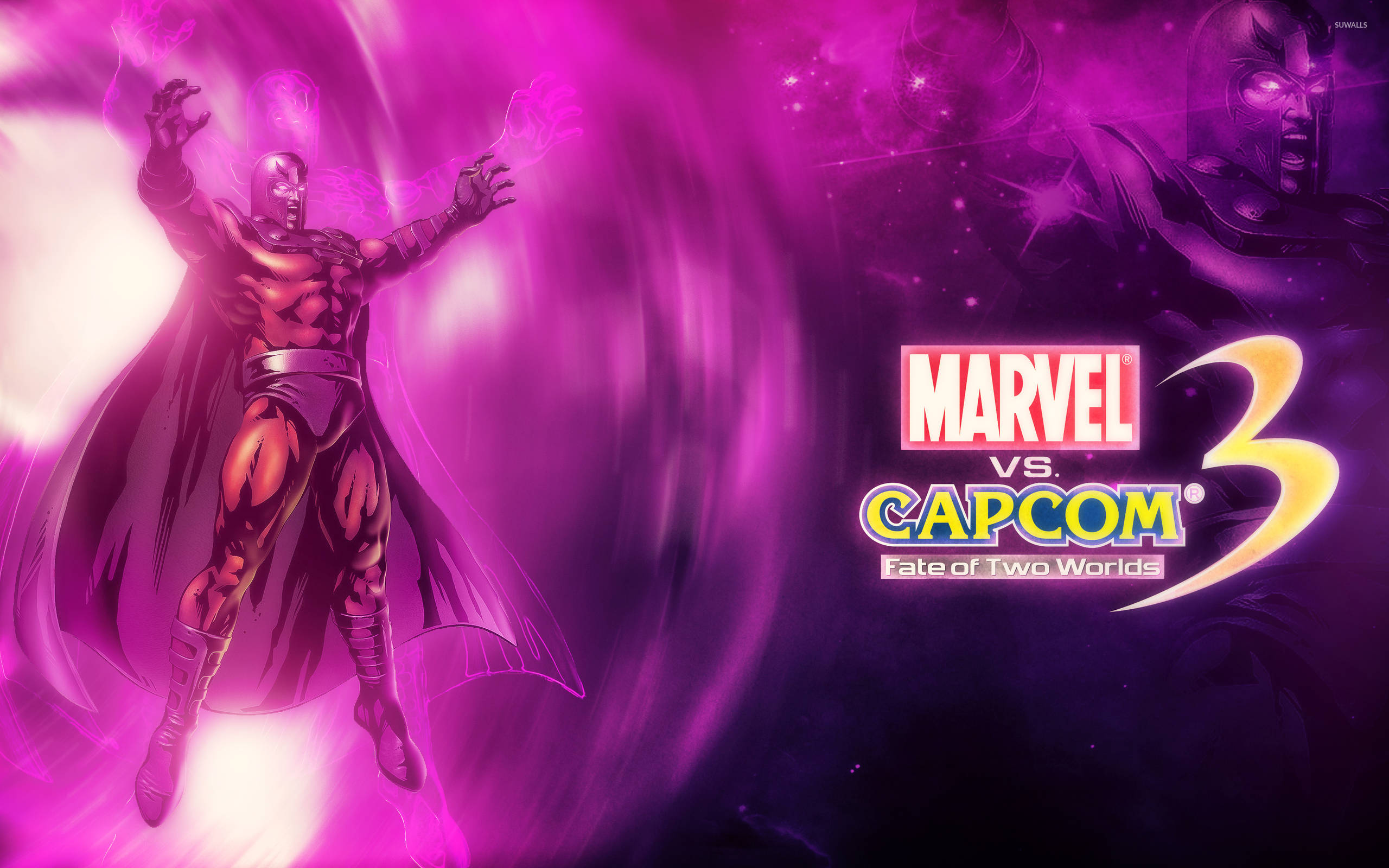 Magneto 桌布 壁紙 — 萬磁王以動感姿態站立，被旋轉的紫色能量包圍，背景是宇宙和 Marvel vs Capcom 3 標誌。