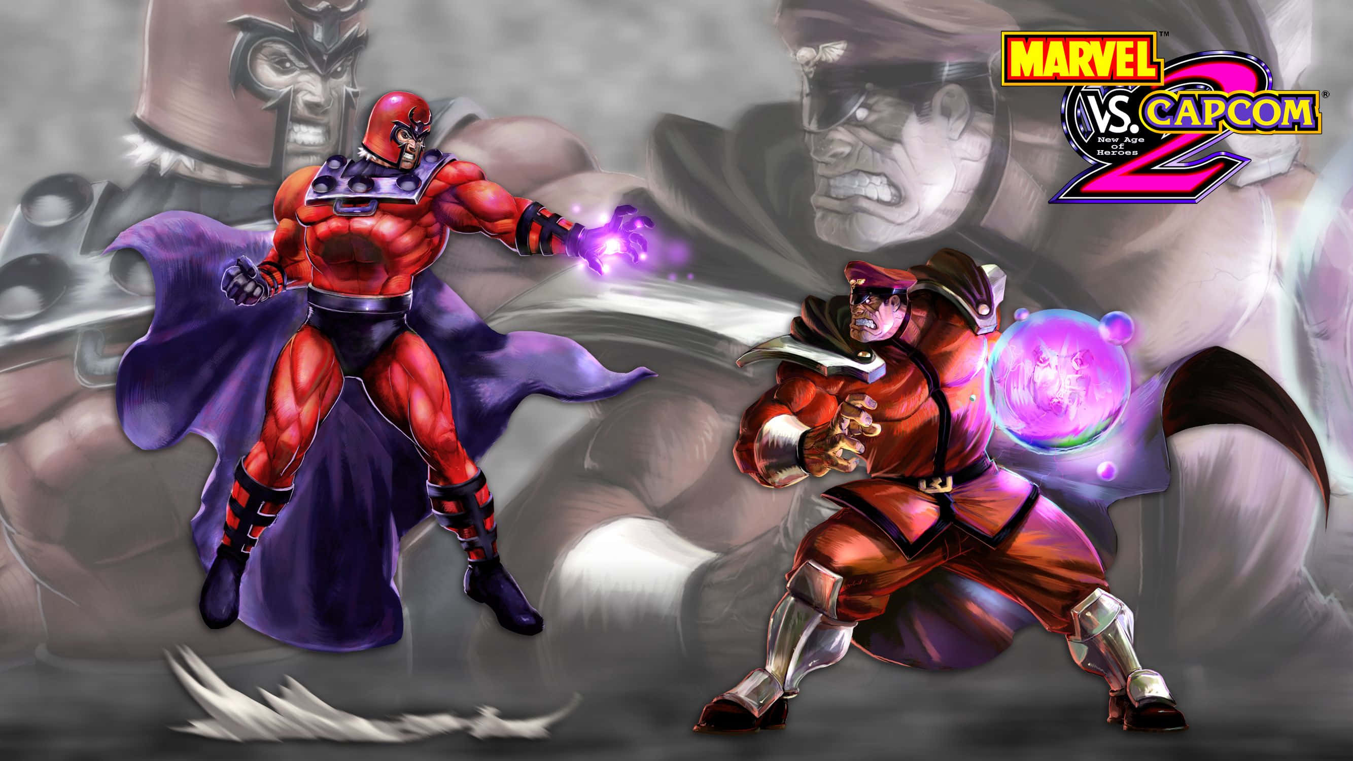Marvel Vs Capcom 桌布 壁紙 — 萬磁王和隆在充滿動感的 Marvel vs Capcom 2 戰鬥場景中碰撞，帶有發光能量效果和戲劇性的背景面孔。