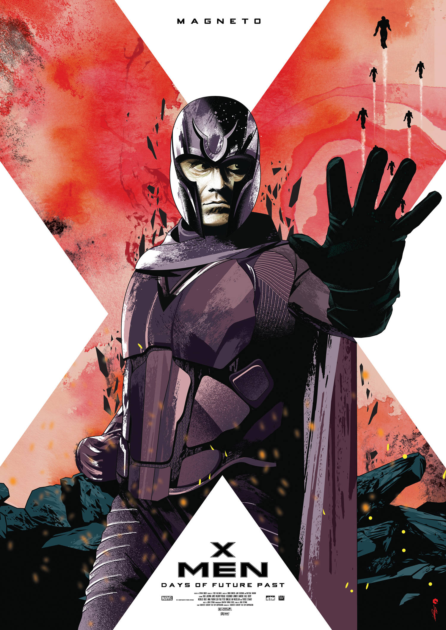 Magneto 桌布 壁紙 — 萬磁王威風凜凜地站在風格化的漫畫海報中，背景是紅色X，上方有漂浮的人物。