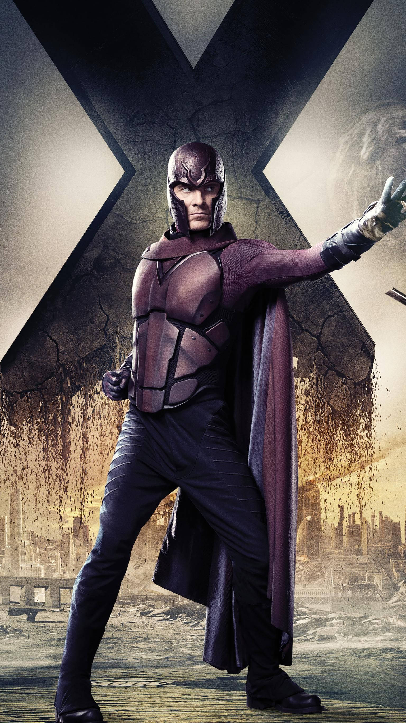 Magneto 桌布 壁紙 — 萬磁王強勢地站在一個巨大的X前面，背後是一座被毀滅的城市。
