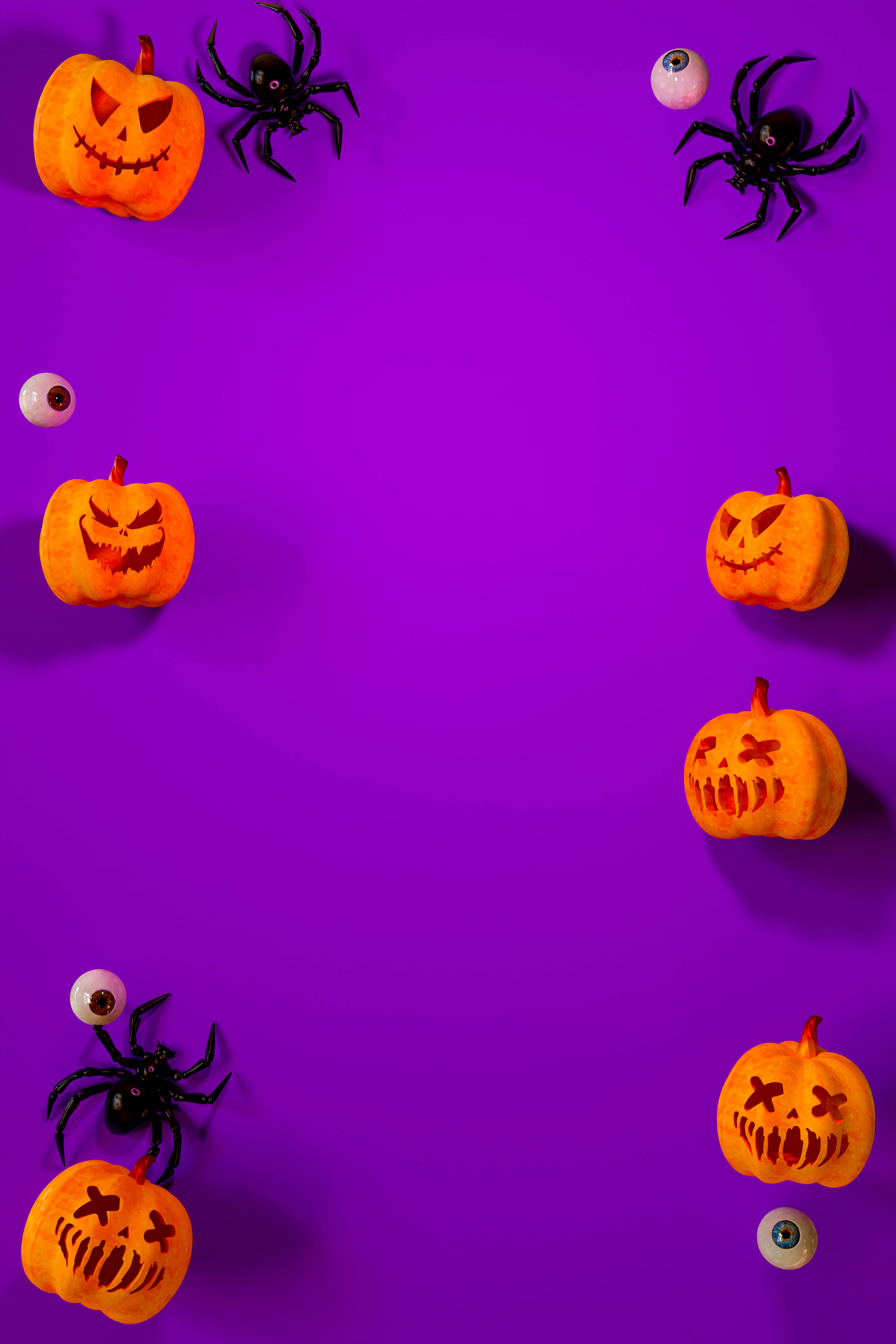 Spooky Season 桌布 壁紙 — 萬聖節主題物品，如南瓜、蜘蛛和眼球，排列在邊框上，背景為充滿活力的紫色。