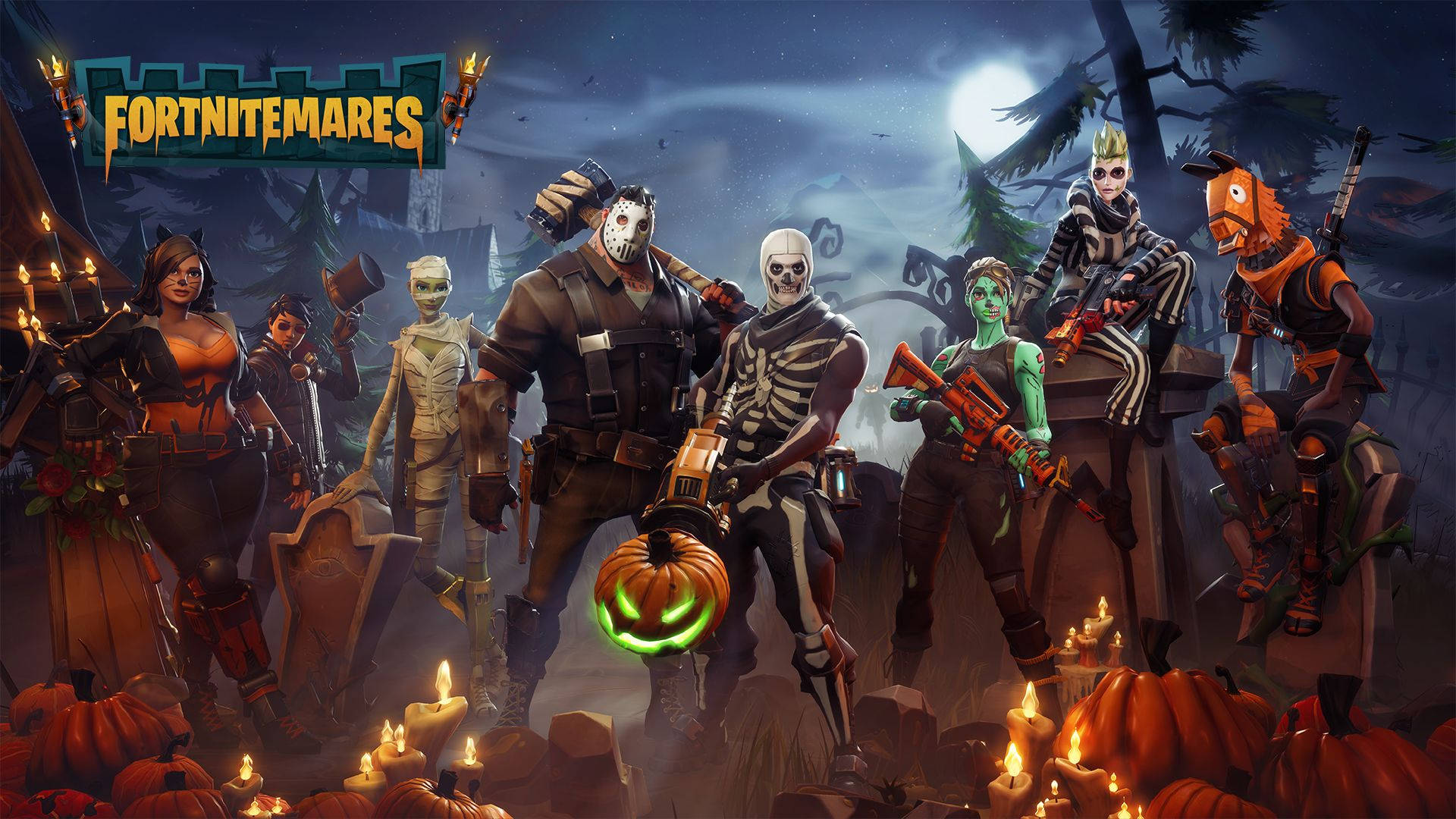 Fortnite 造型 桌布 壁紙 — 萬聖節主題的Fortnite角色在陰森墓地，有發光南瓜和滿月。