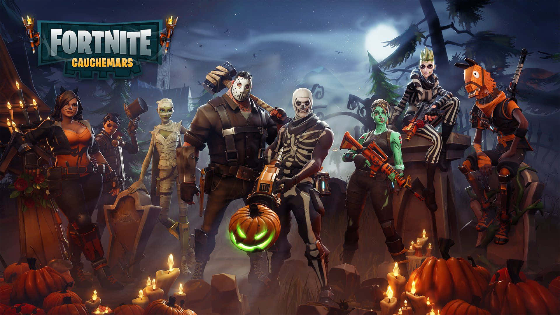 PC 遊戲 桌布 壁紙 — 萬聖節主題的Fortnite角色在陰森墓地中，有發光南瓜和滿月。