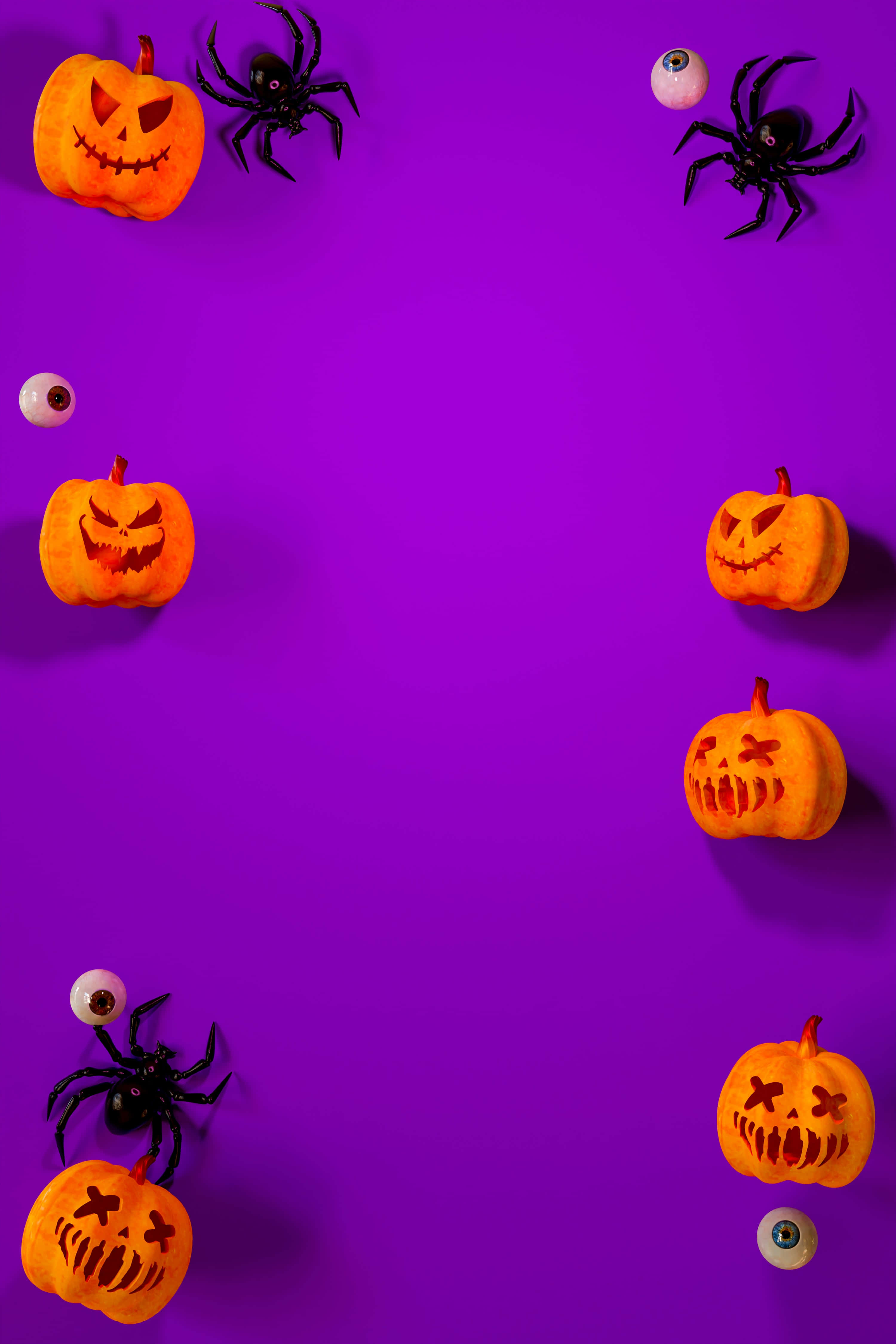 Spider 桌布 壁紙 — 萬聖節主題的南瓜、蜘蛛和眼球排列在鮮豔紫色背景上的邊框中。