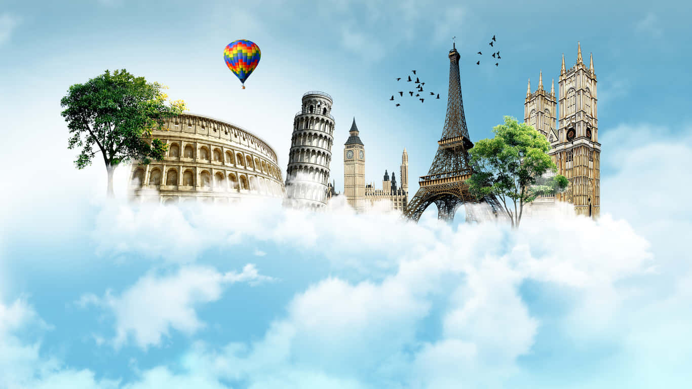 Europe 桌布 壁紙 — 著名的全球地標漂浮在蓬鬆的雲朵上，在明亮的藍天下，有一個彩色熱氣球飄過。