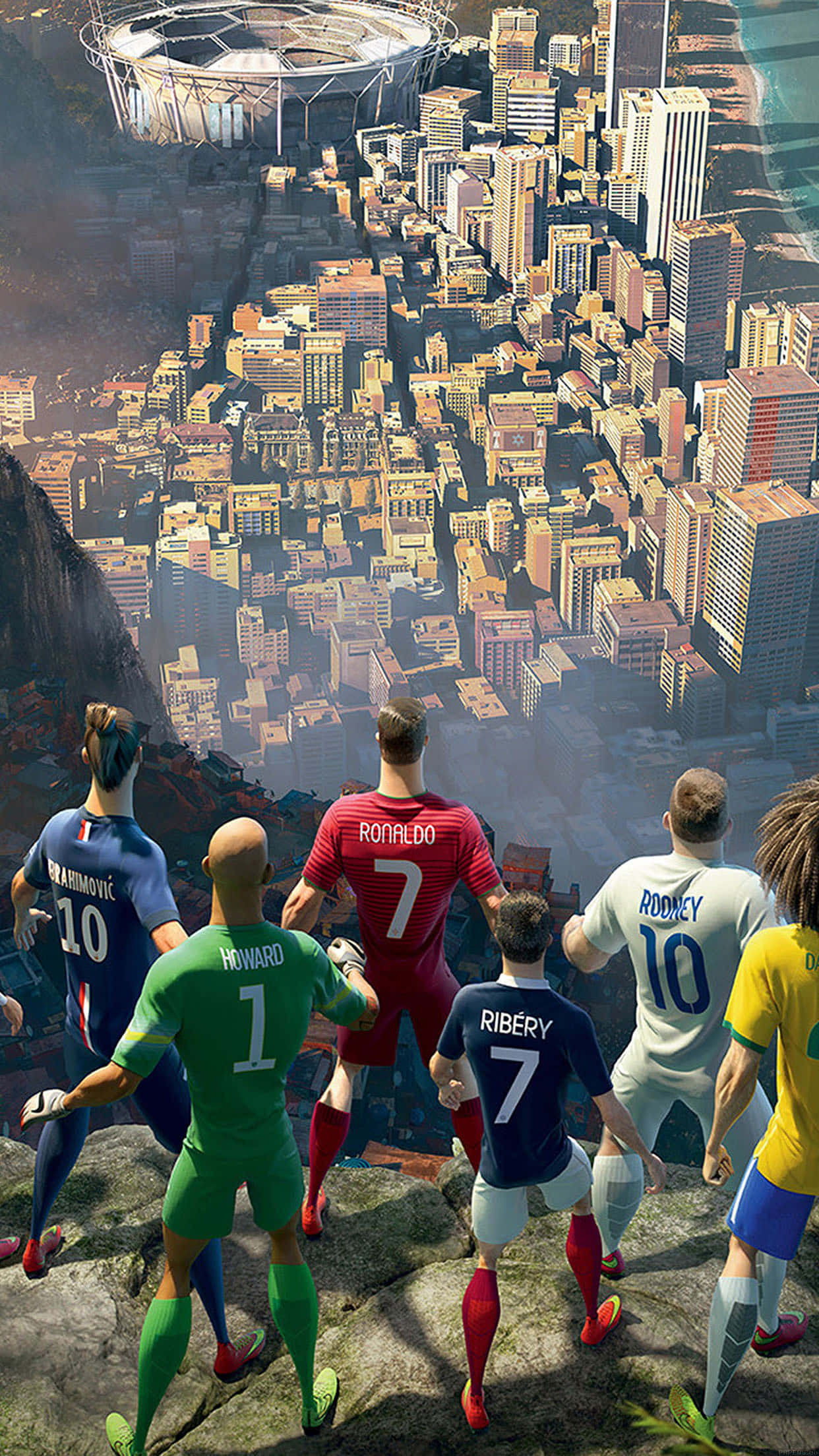 Soccer iPhone 桌布 壁紙 — 著名足球運動員身穿色彩鮮豔的球衣，站在懸崖頂上，俯瞰著一座廣闊的城市，遠處有一個體育場。
