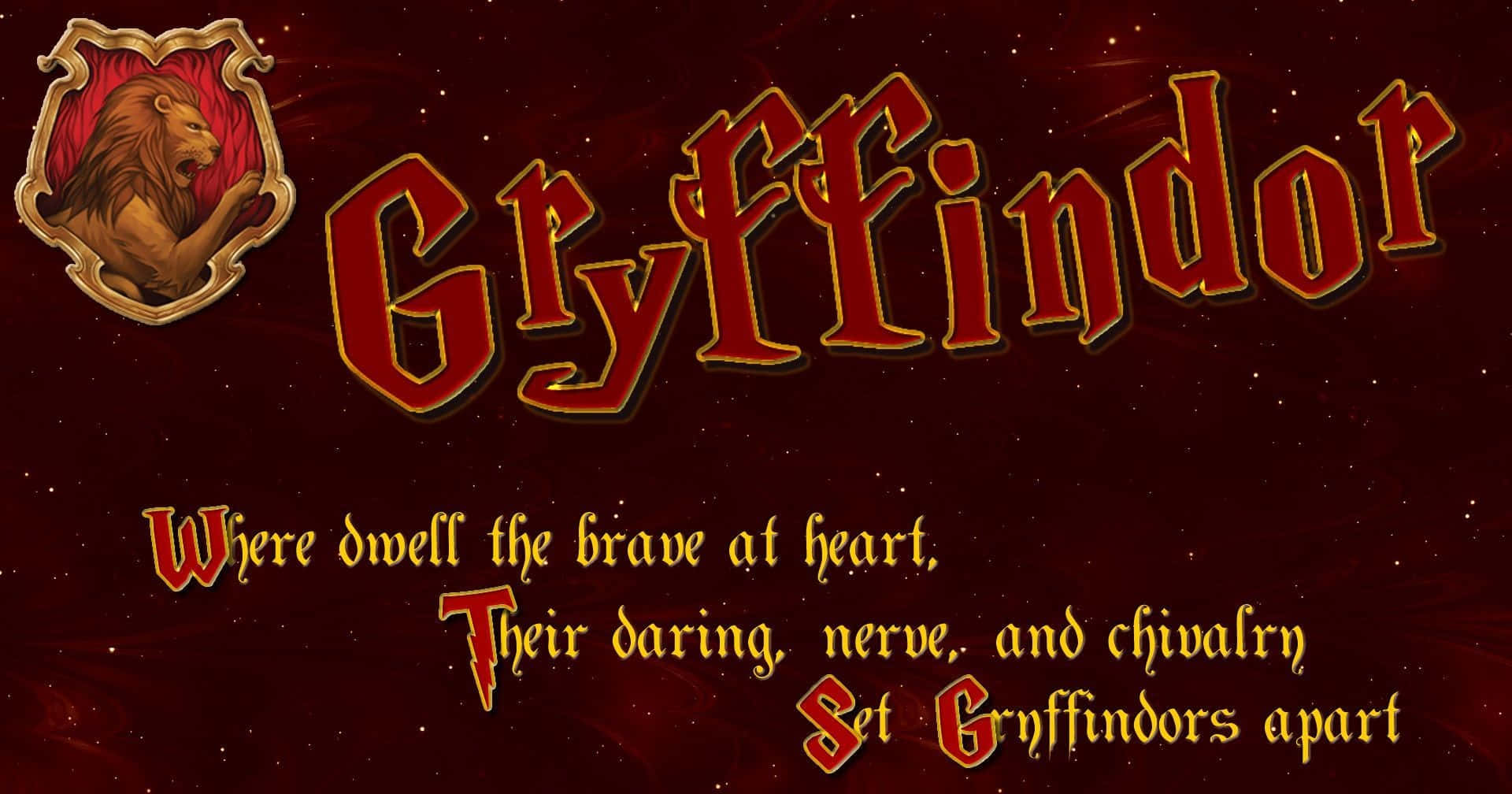 Harry Potter Gryffindor 桌布 壁紙 — 葛來分多學院徽章和格言在繁星點點的深紅色背景上以粗體紅金色字體閃耀。