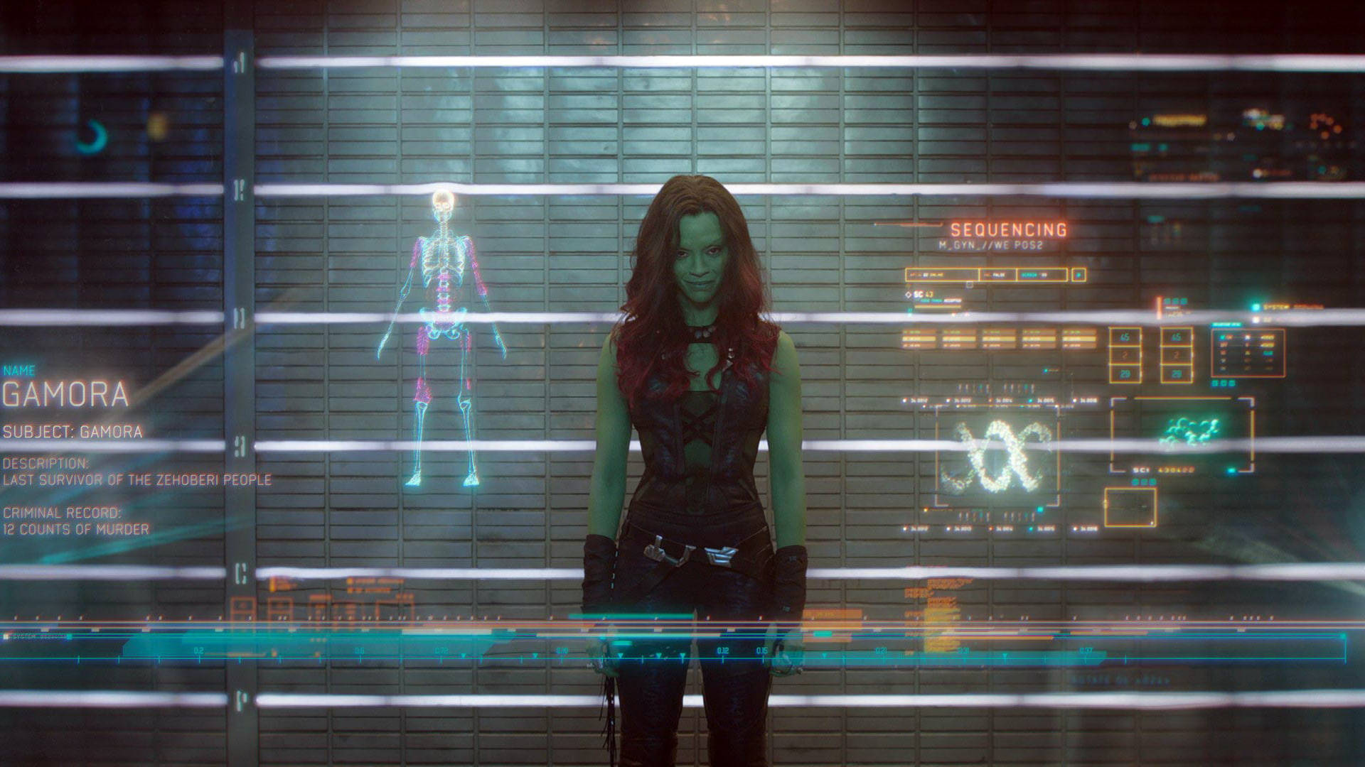 Zoe Saldana 桌布 壁紙 — 葛摩菈站在一個高科技實驗室中，周圍環繞著發光的全息數據和她自己的骨骼掃描。