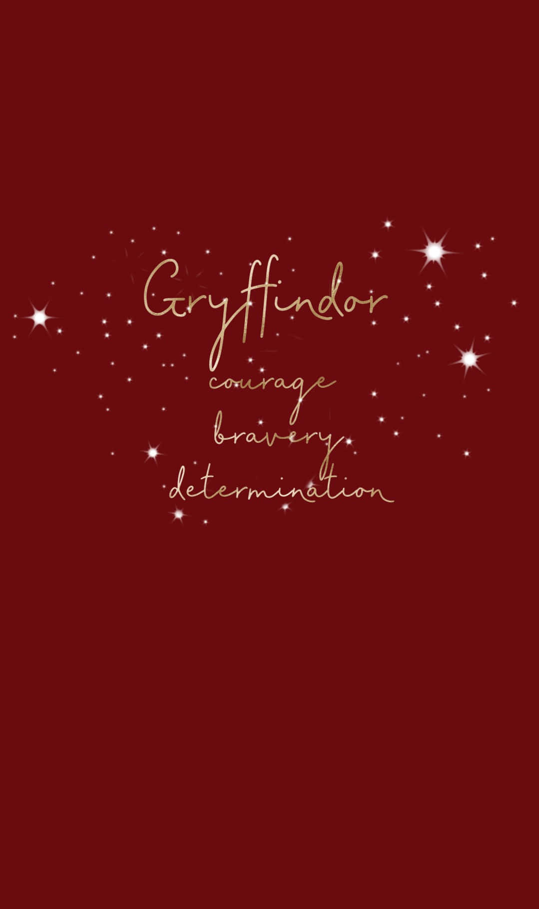 Harry Potter Gryffindor 桌布 壁紙 — 葛萊芬多學院的詞語 勇氣 勇敢 決心 以金色草書寫在深紅色背景上，伴有閃爍星星。