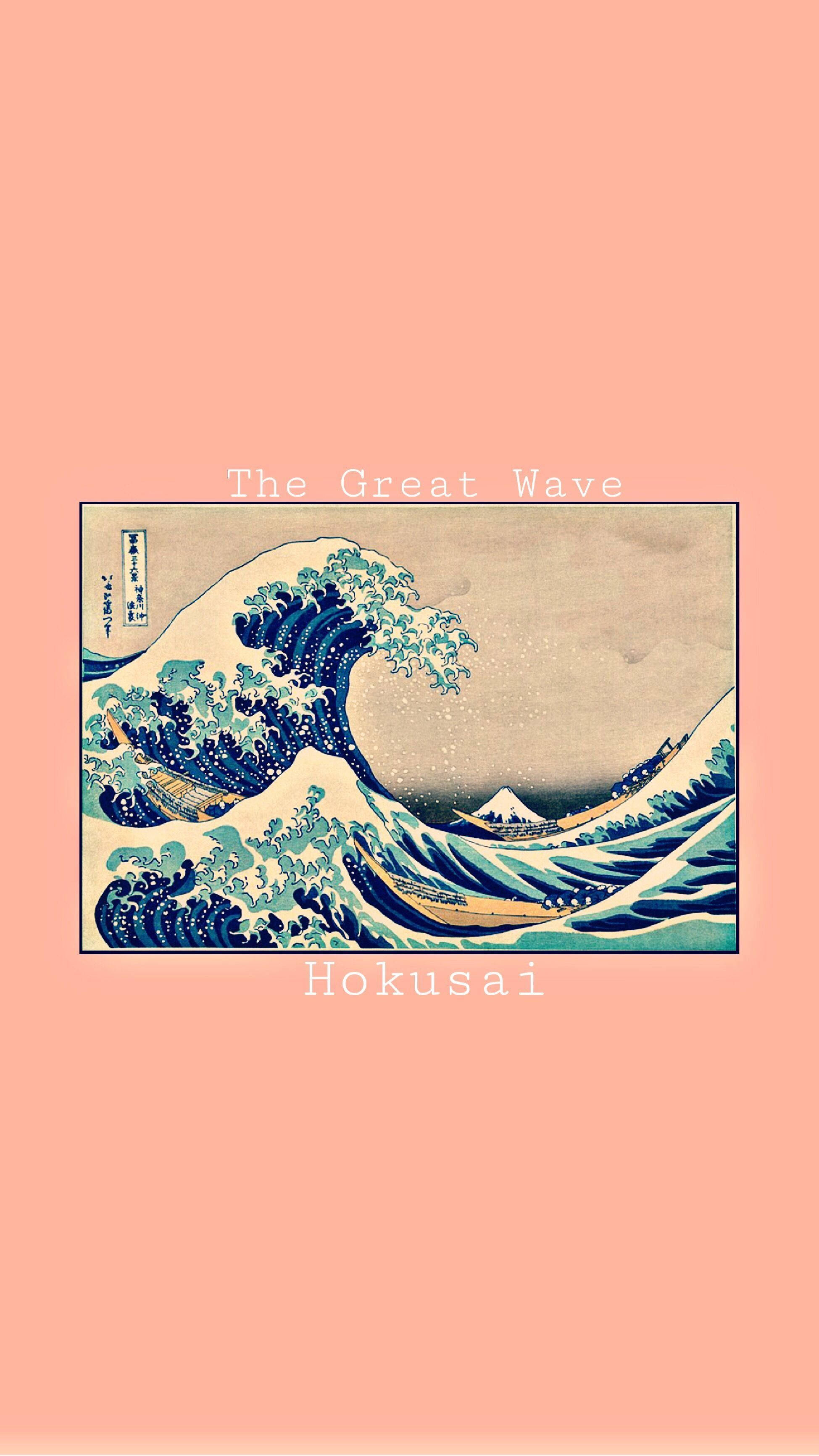 日式海浪 桌布 壁紙 — 葛飾北齋的經典日本木版畫《神奈川沖浪裏》，以柔和蜜桃色背景襯托。