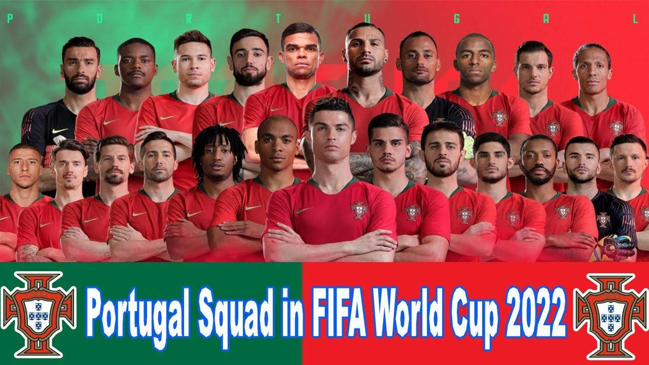 足球 桌布 壁紙 — 葡萄牙2022年FIFA世界盃足球隊身穿紅色球衣，在綠色和紅色漸變背景前，帶有國徽和文字。
