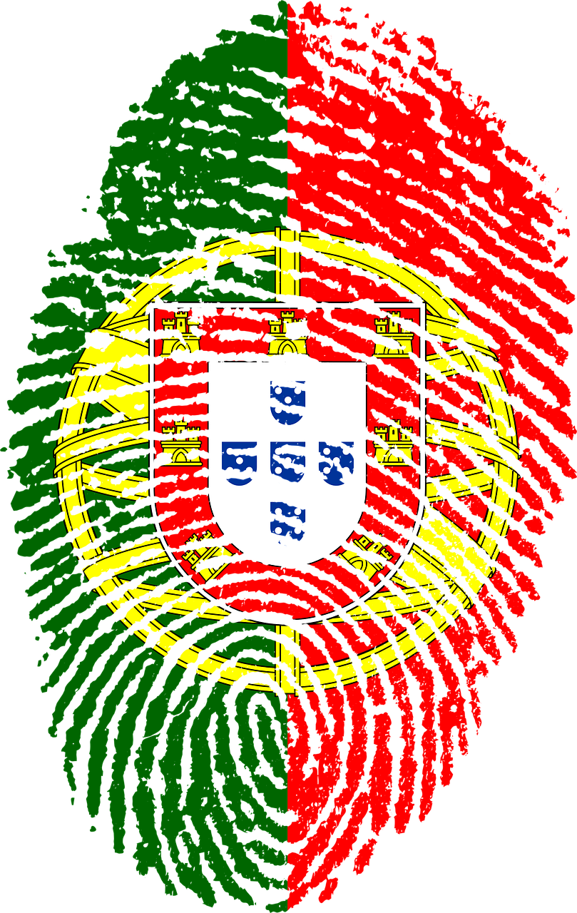 Portugal 桌布 壁紙 — 葡萄牙國旗在黑色背景上以紋理指紋藝術地呈現。