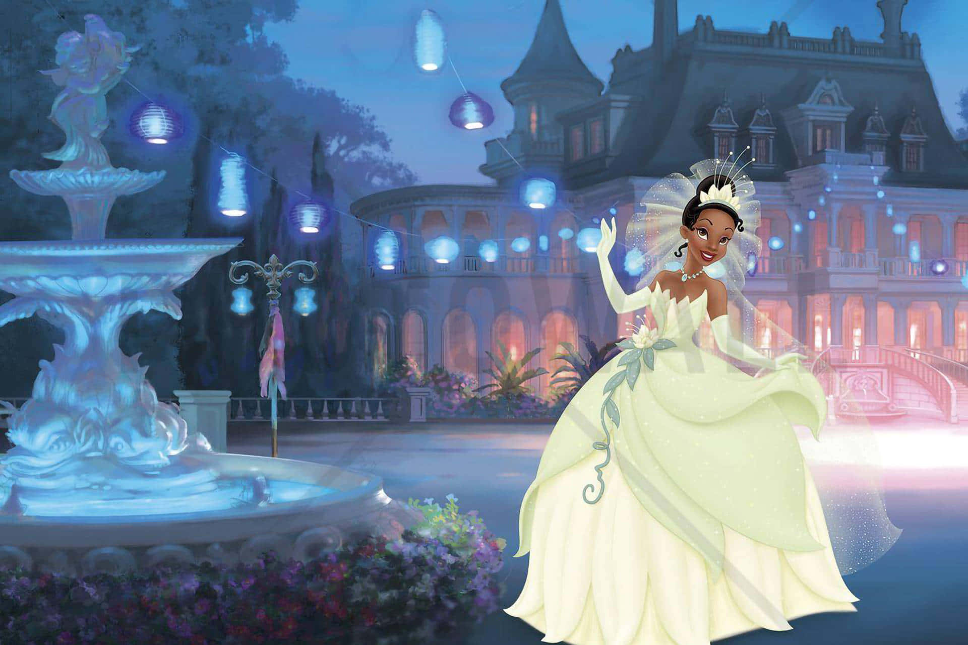 princess and the frog 桌布 壁紙 — 蒂安娜公主穿著閃閃發光的婚紗，在宏偉宅邸前的暮色燈籠下，在噴泉旁愉快地揮手。