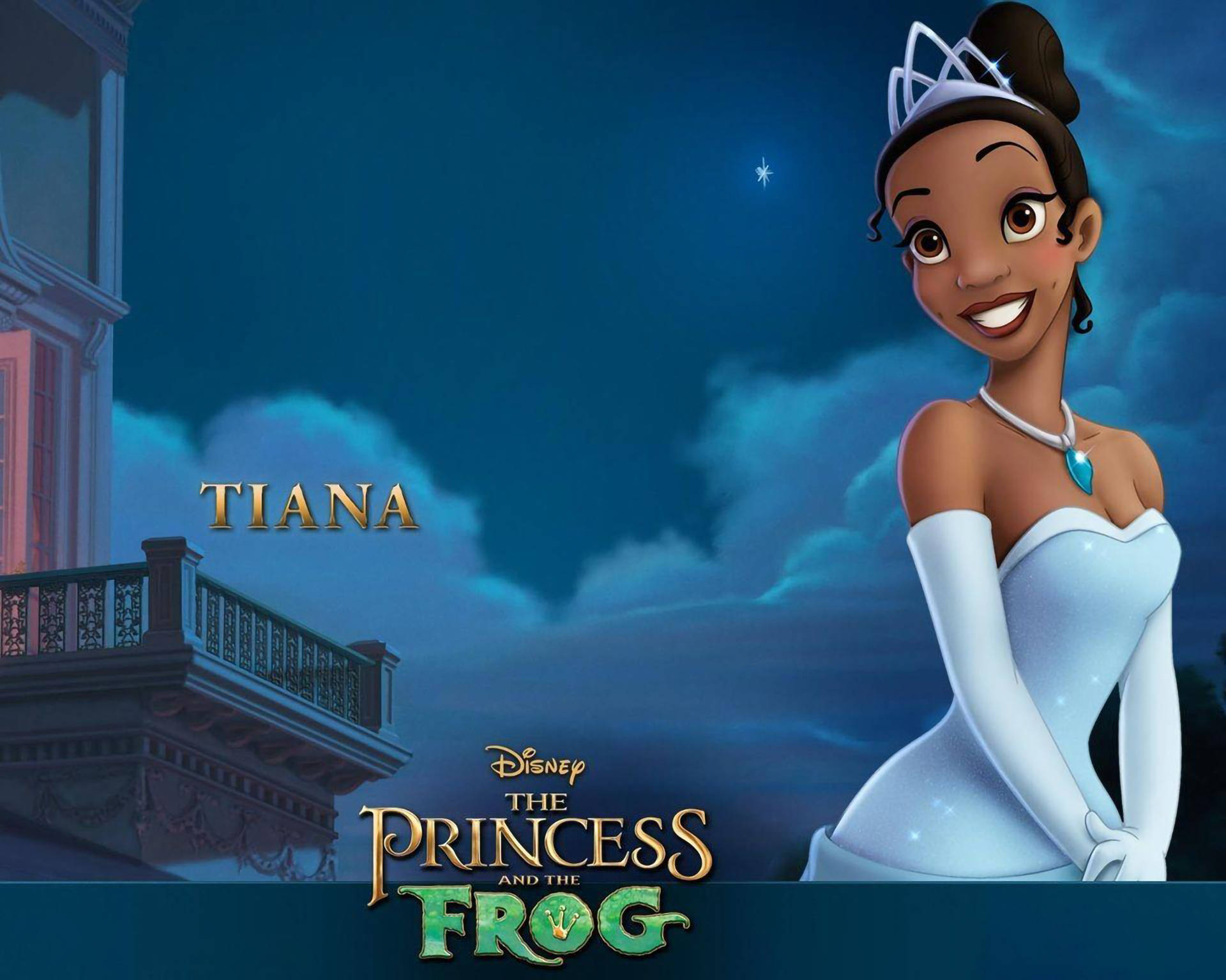 Princess 桌布 壁紙 — 蒂安娜公主身穿白色禮服和頭飾，在星空下微笑，旁邊是陽台，下方有電影標題。