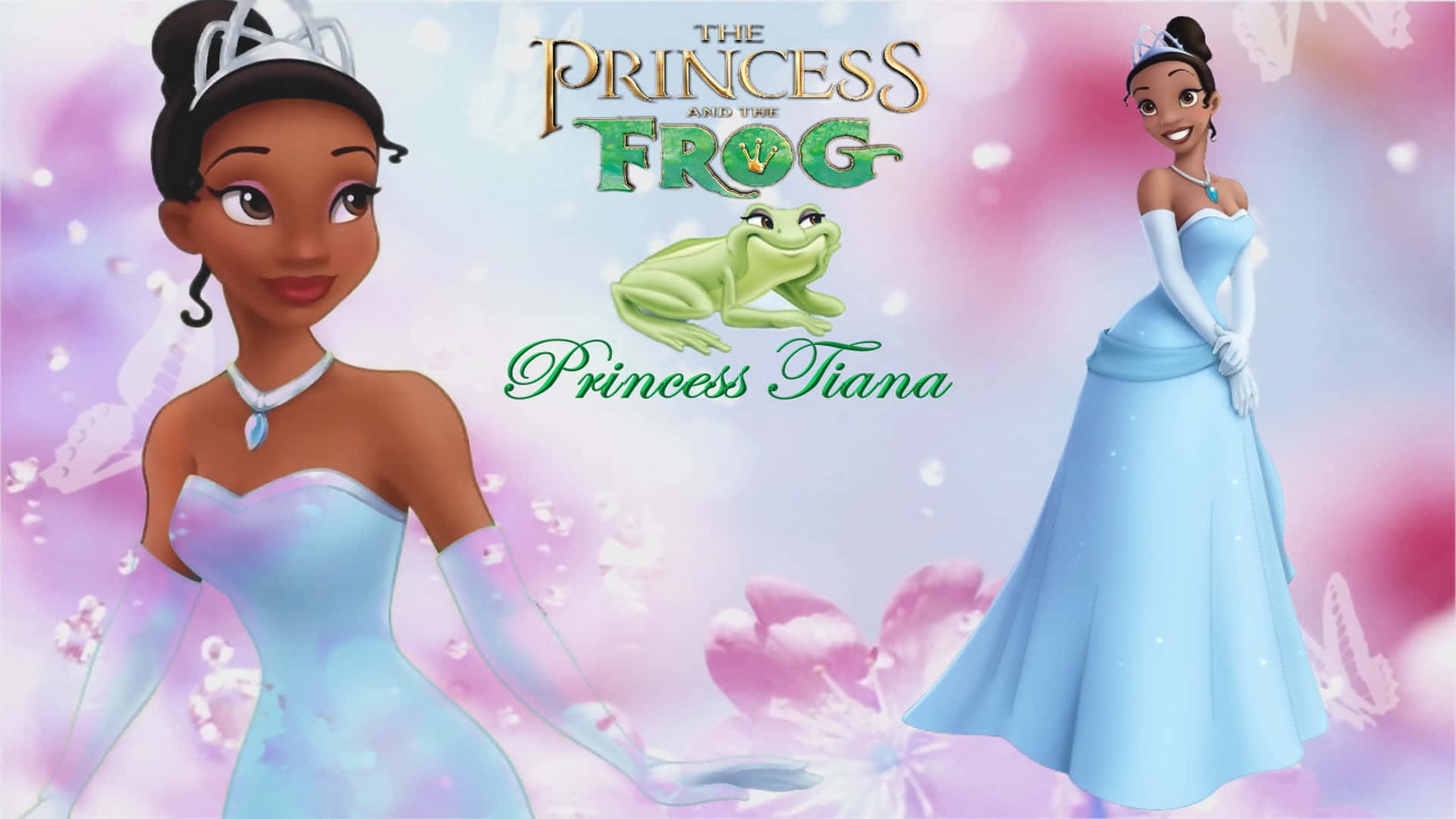princess and the frog 桌布 壁紙 — 蒂安娜公主身穿藍色舞會禮服，站在一隻綠色青蛙旁邊，背景是柔和的粉紅色和紫色花卉圖案。