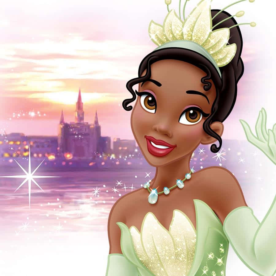 Princess Tiana 桌布 壁紙 — 蒂安娜公主身穿閃閃發光的綠色禮服，在遠處有城堡的輝煌日落城市景觀中愉快地揮手。
