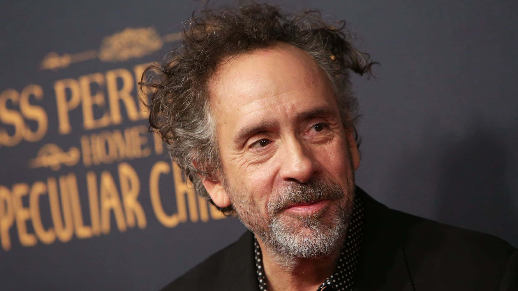 tim burton 桌布 壁紙 — 蒂莫西·赫頓留著灰色捲髮和鬍鬚，在電影首映背景前微微微笑。