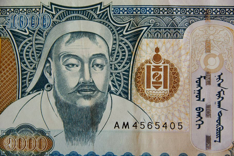 money money money 桌布 壁紙 — 蒙古1000圖格里克紙幣特寫，特徵為一位留鬍鬚的男子穿著傳統服飾，帶有複雜的藍色、金色和白色圖案。