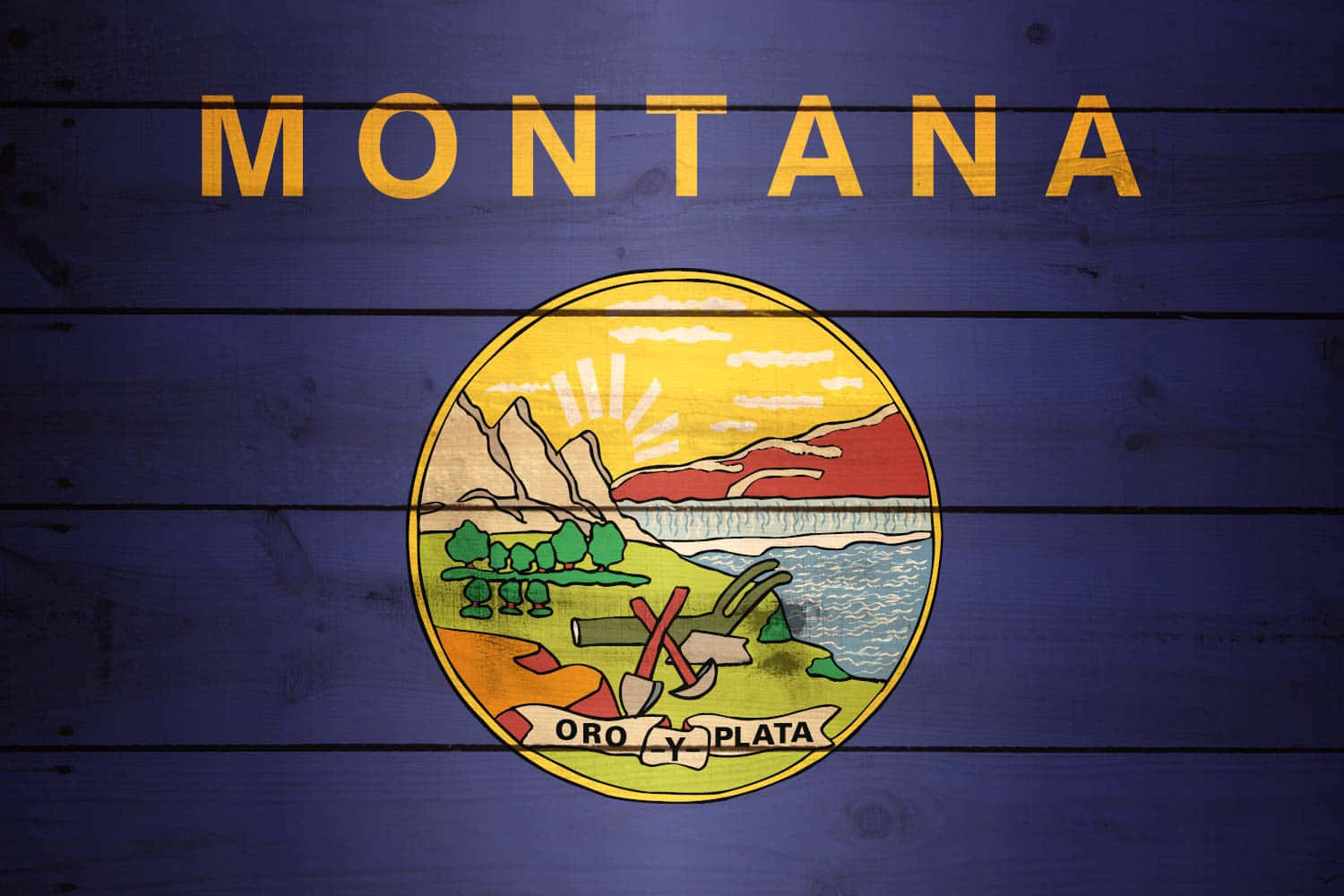 Montana 桌布 壁紙 — 蒙大拿州旗繪製在風化的藍色木板上，帶有粗體黃色文字和詳細徽章。