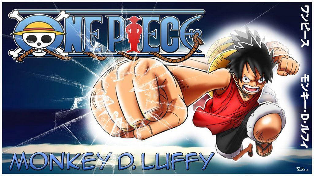 Luffy 桌布 壁紙 — 蒙奇·D·魯夫在One Piece標誌下，對著深藍色海洋背景向前猛擊，充滿強烈能量。