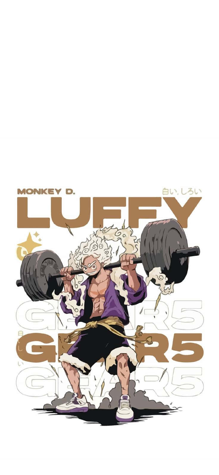 one piece luffy gear 5 壁紙 — 蒙奇·D·魯夫在五檔模式下，以狂野的白髮和堅定的表情舉起沉重的槓鈴。