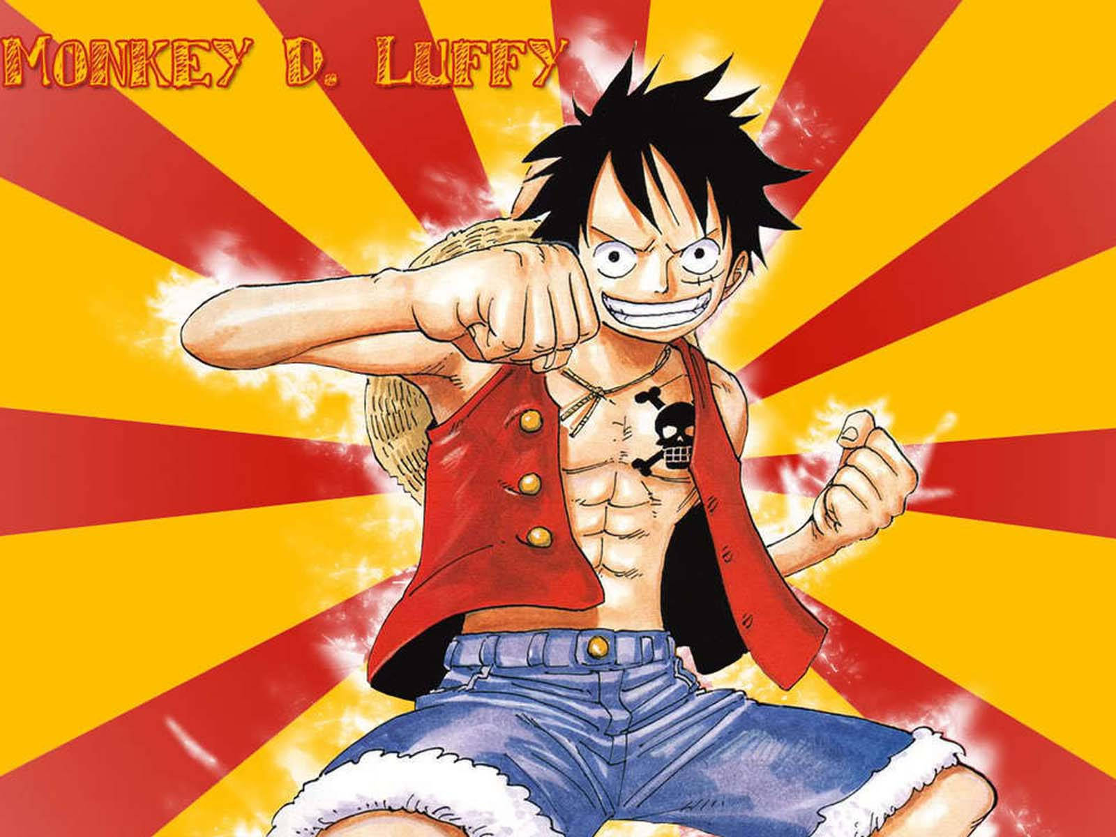 Luffy 桌布 壁紙 — 蒙奇·D·魯夫身穿標誌性的紅色背心和藍色短褲，在鮮豔的紅黃色太陽爆發背景前向前揮拳。