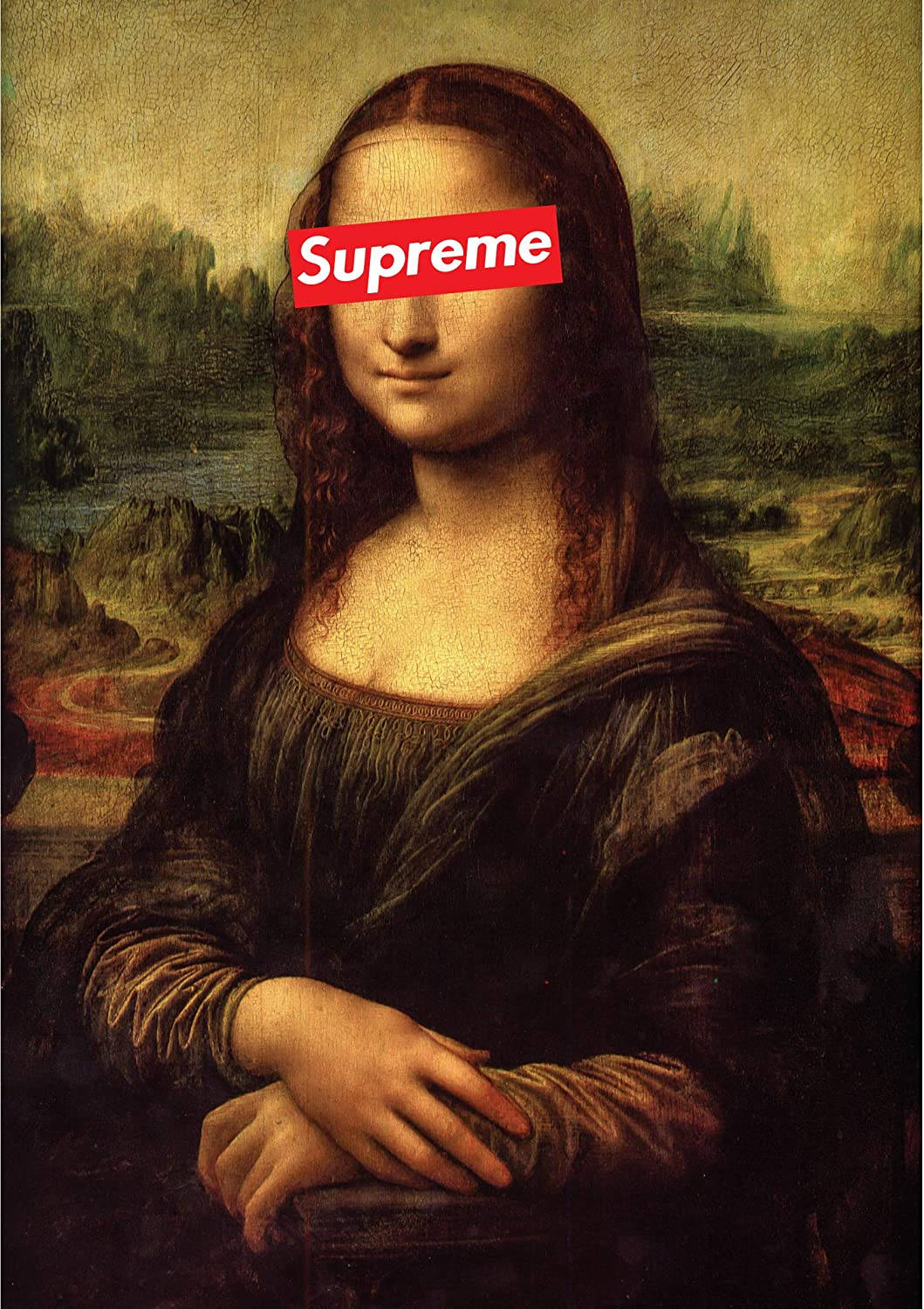 lisa 桌布 壁紙 — 蒙娜麗莎，眼睛上有一個紅色Supreme標誌，背景是朦朧的文藝復興風景。