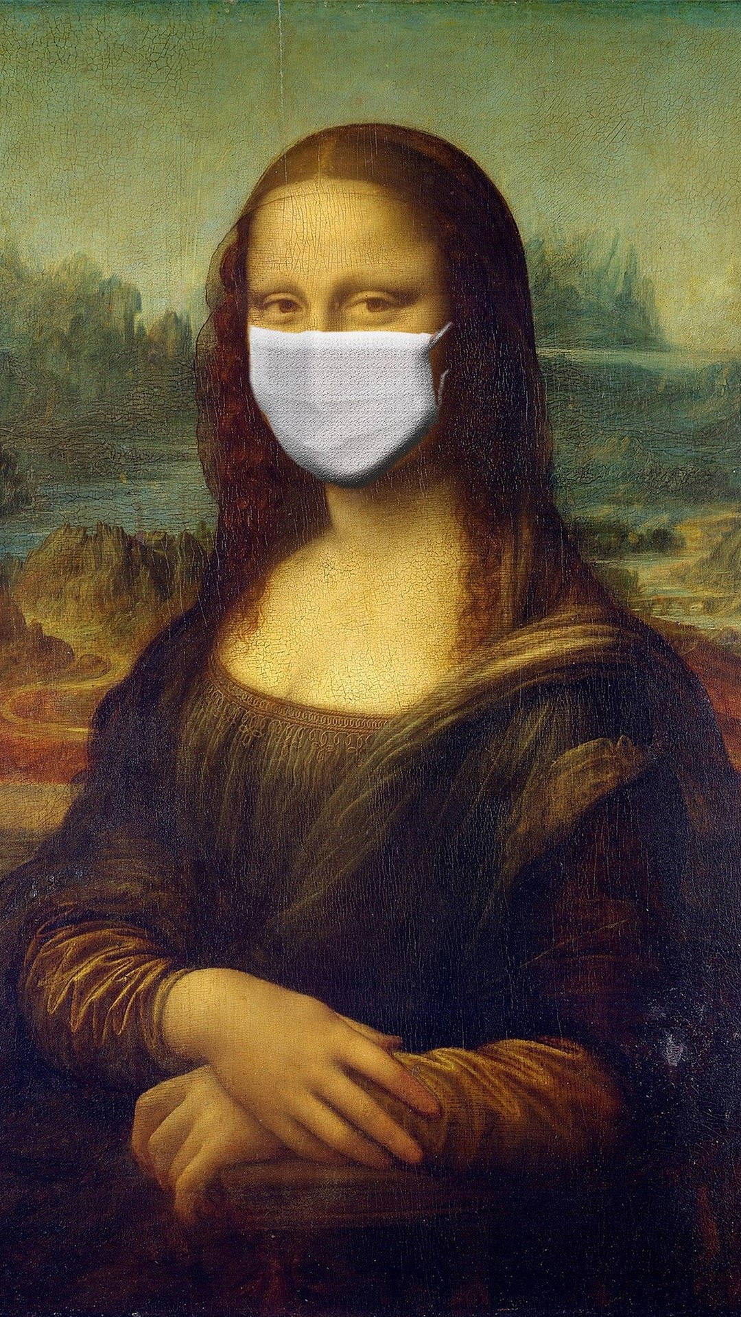 lisa 桌布 壁紙 — 蒙娜麗莎在達文西的標誌性肖像畫中，帶著神秘微笑，臉上戴著白色醫用口罩。