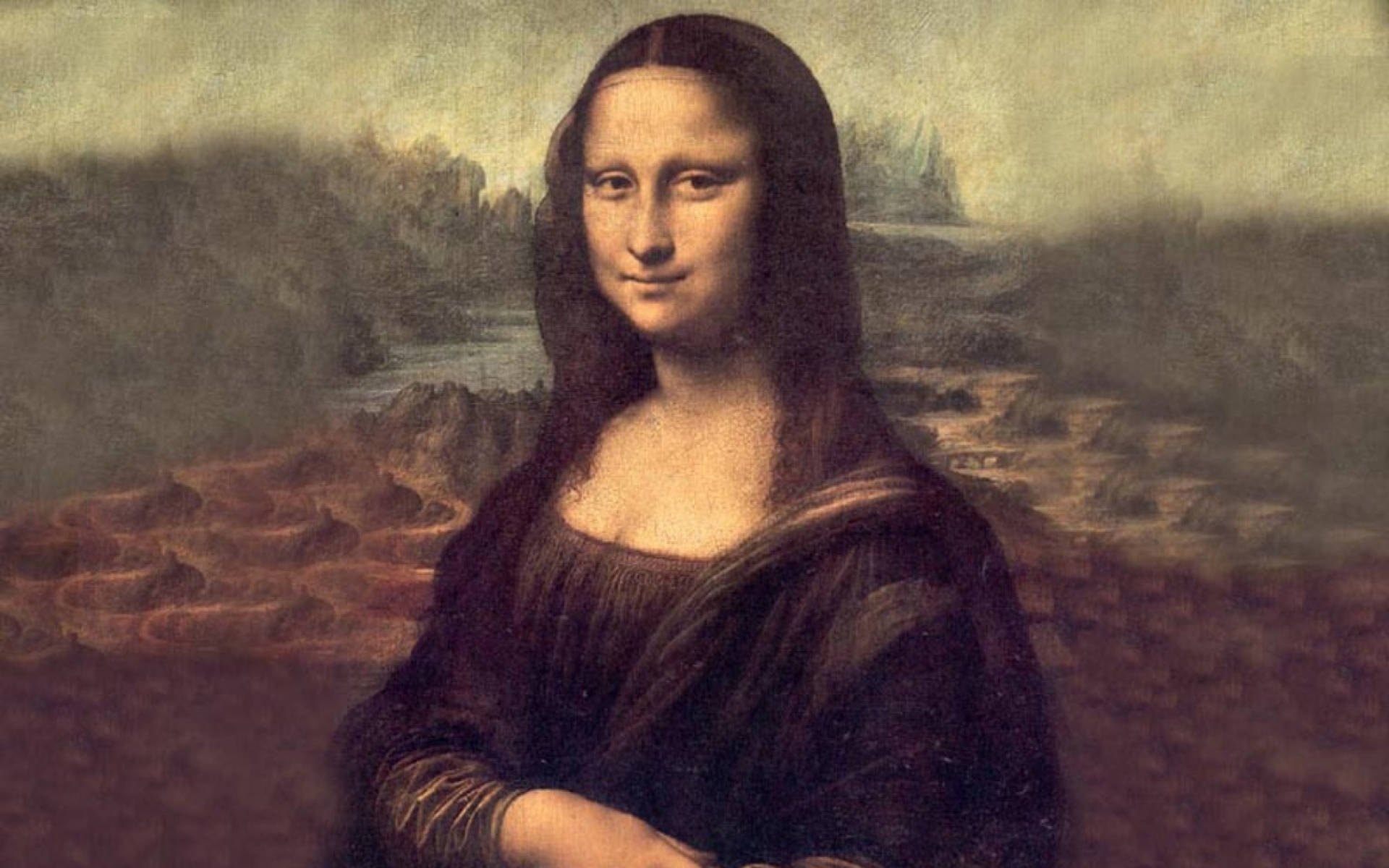lisa 桌布 壁紙 — 蒙娜麗莎帶著神秘微笑，站在文藝復興油畫中朦朧的遠景前。
