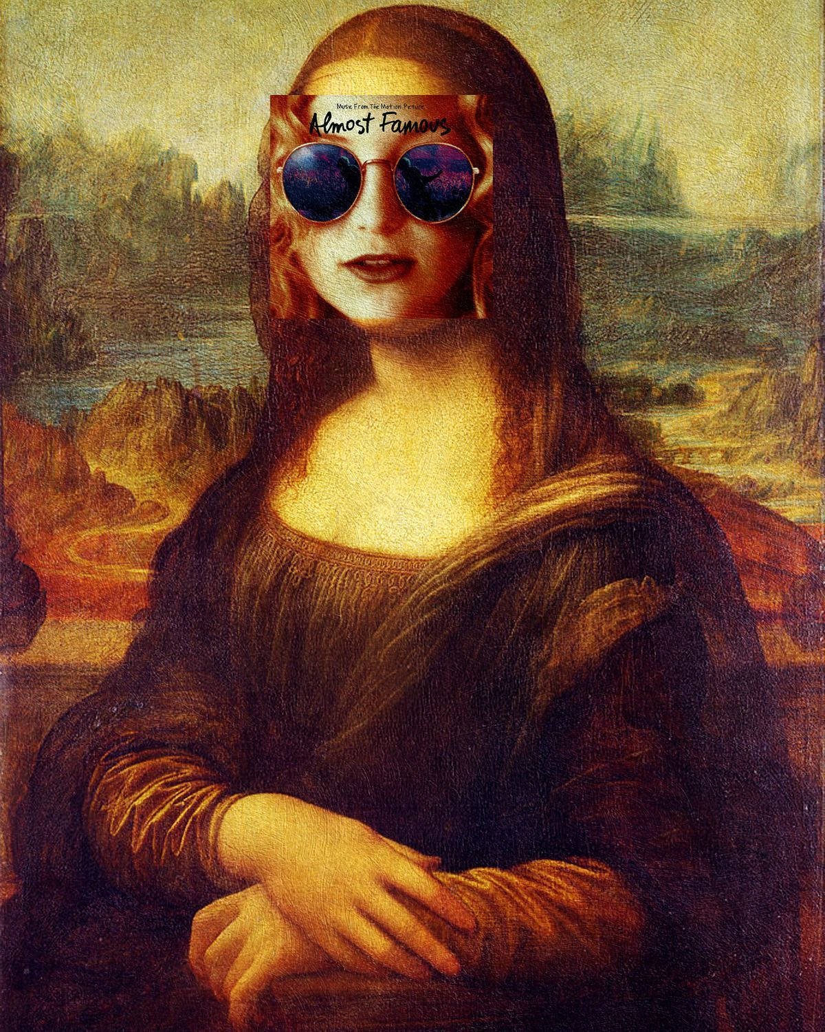 meme 桌布 壁紙 — 蒙娜麗莎戴著圓形太陽眼鏡，鏡片反射出宇宙場景，眼睛上方有「Almost Famous」文字。