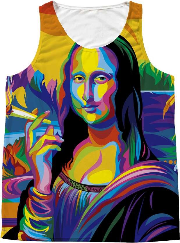 Mona 桌布 壁紙 — 蒙娜麗莎手持香菸，背景為迷幻彩虹的鮮明普普藝術演繹。