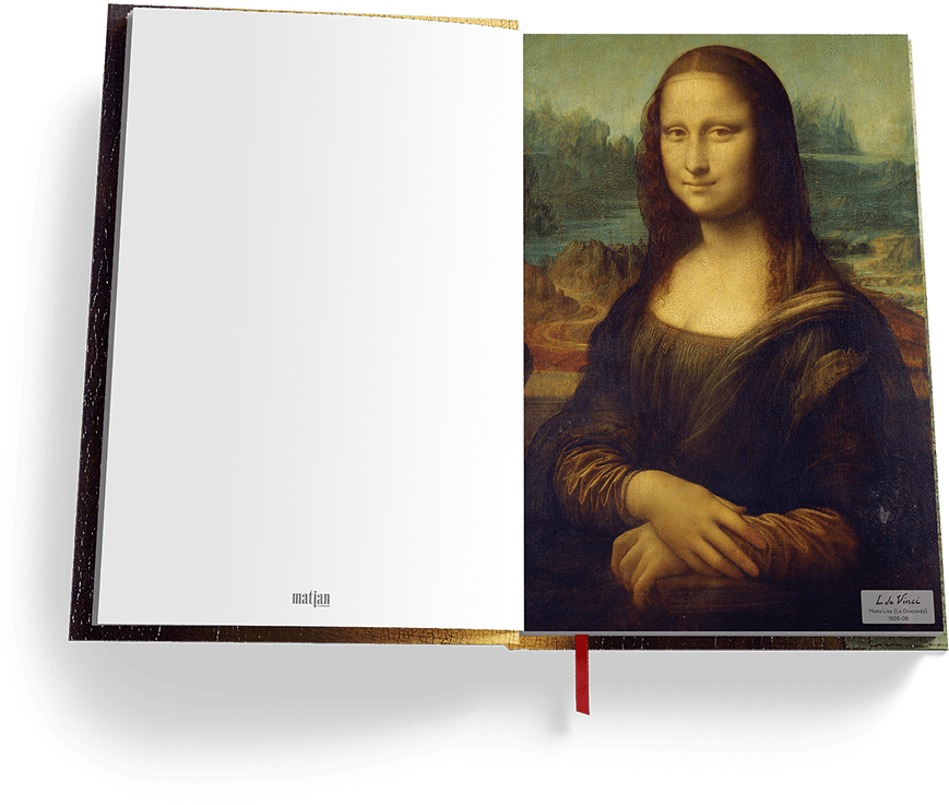 Mona 桌布 壁紙 — 蒙娜麗莎畫作展示在打開的藝術書中，左頁空白，並有紅色書籤。